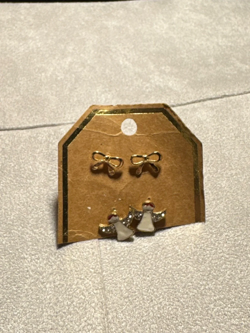 Gold Bow and White Angel Stud Earring Set